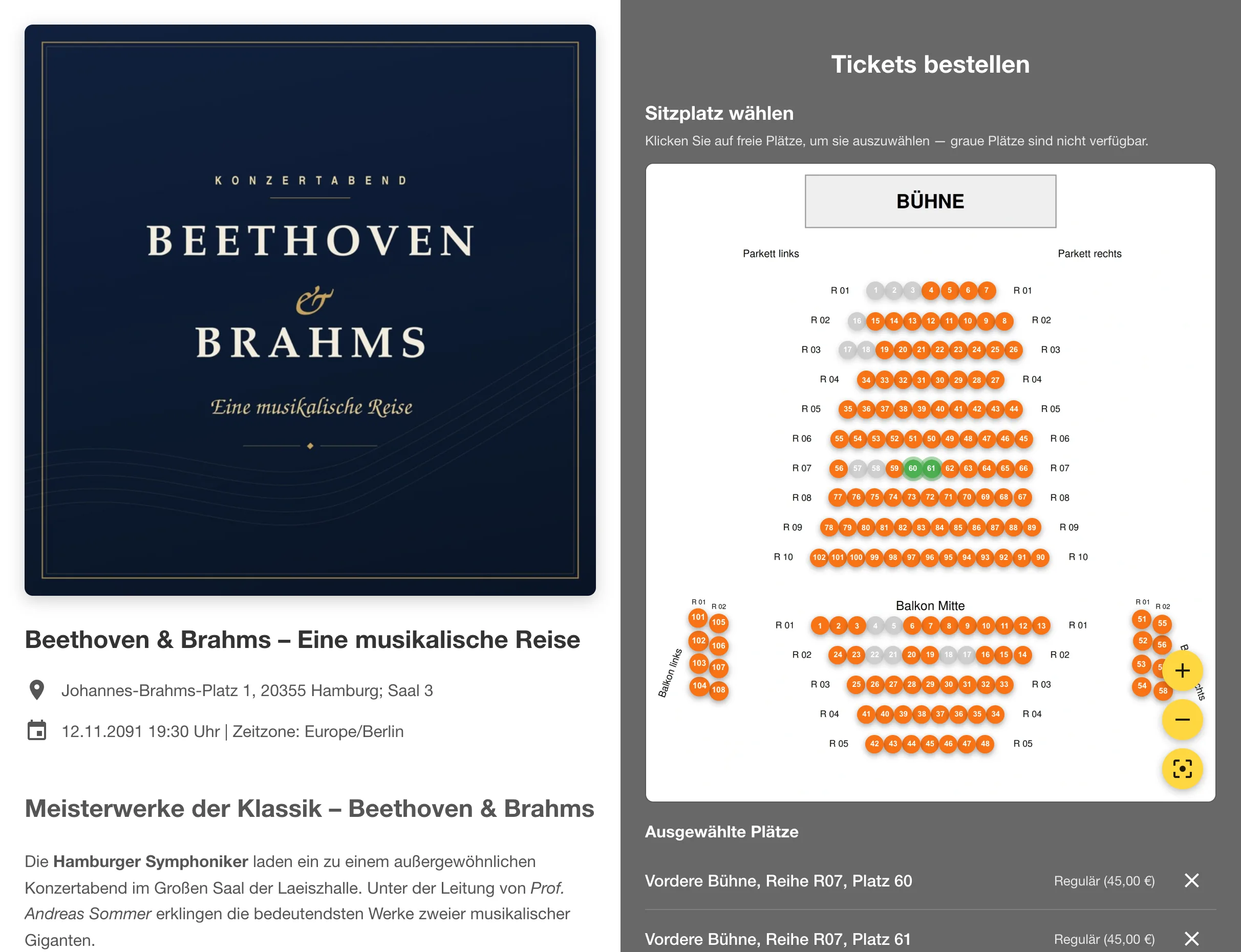 Ticketshop Desktop-Ansicht mit Sitzplatzauswahl