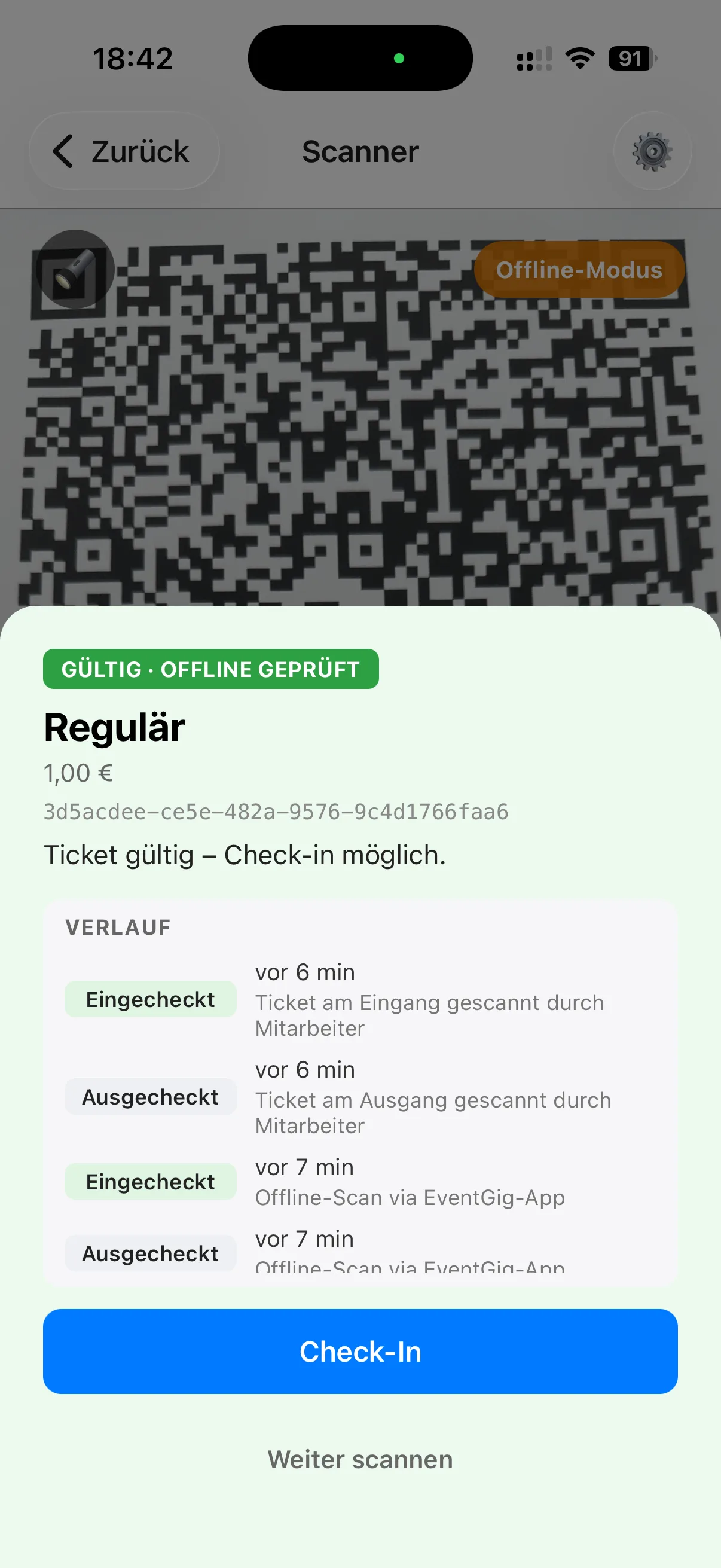 EventGig Scan-App zum Einchecken von Tickets